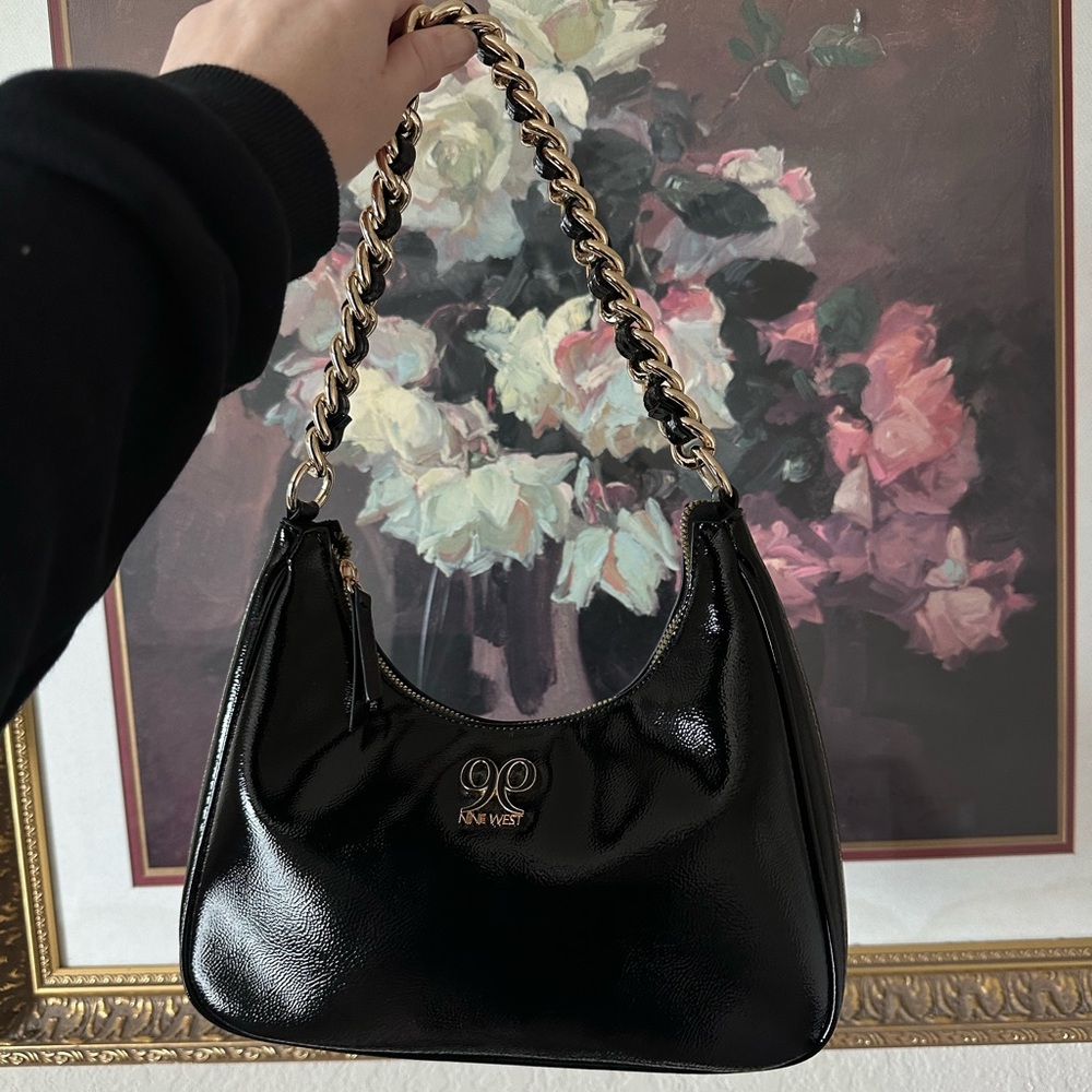 Nine West glossy black shoulder bag with gold chain strap